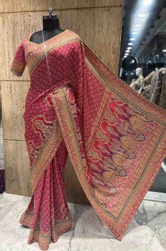 Fancy Chinnon Ajrakh saree with kundan and neem zari handwork – Arhas Couture