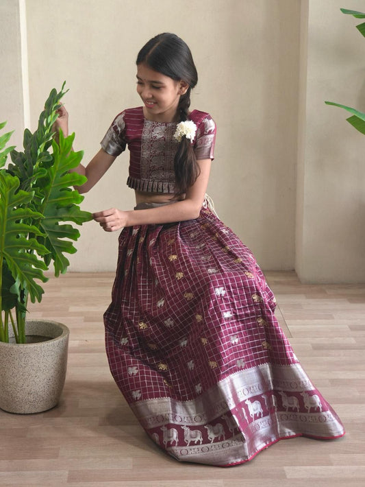 Kids Kanchi lehenga – maroon – Arhas Couture