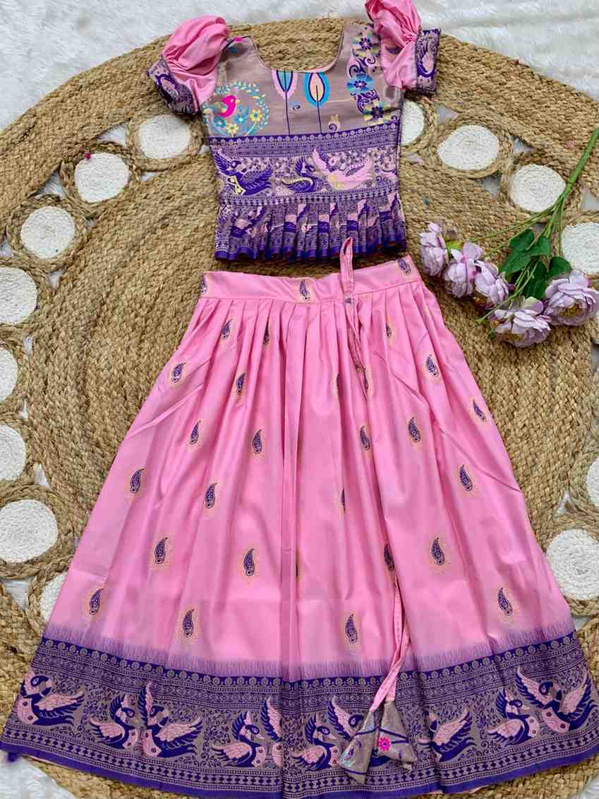 Kids Paithani lehenga – baby pink – Arhas Couture