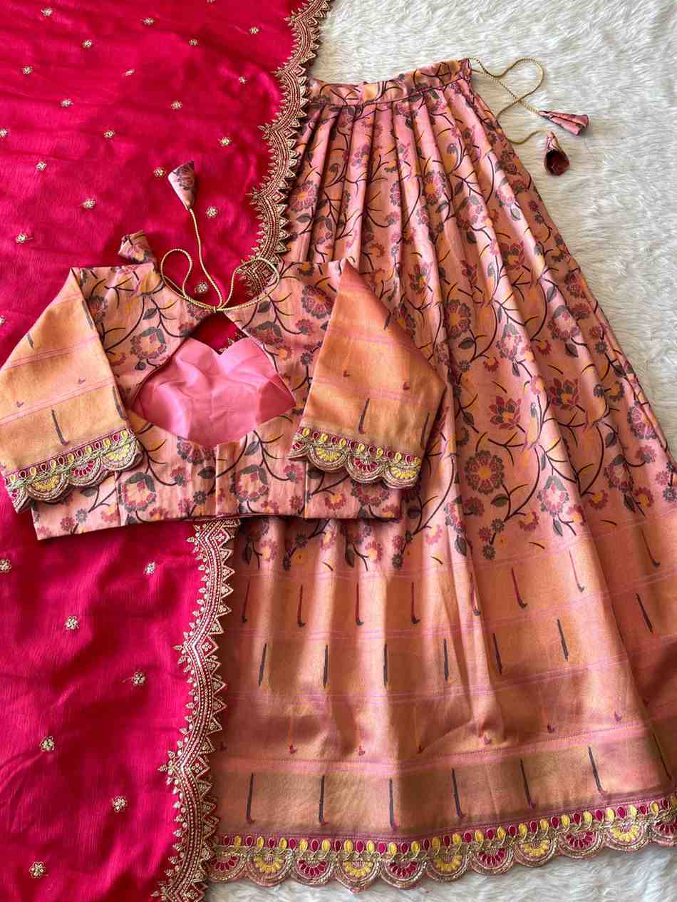Fancy floral tissue silk lehenga with bird weaving and Chinnon dupatta – Arhas Couture