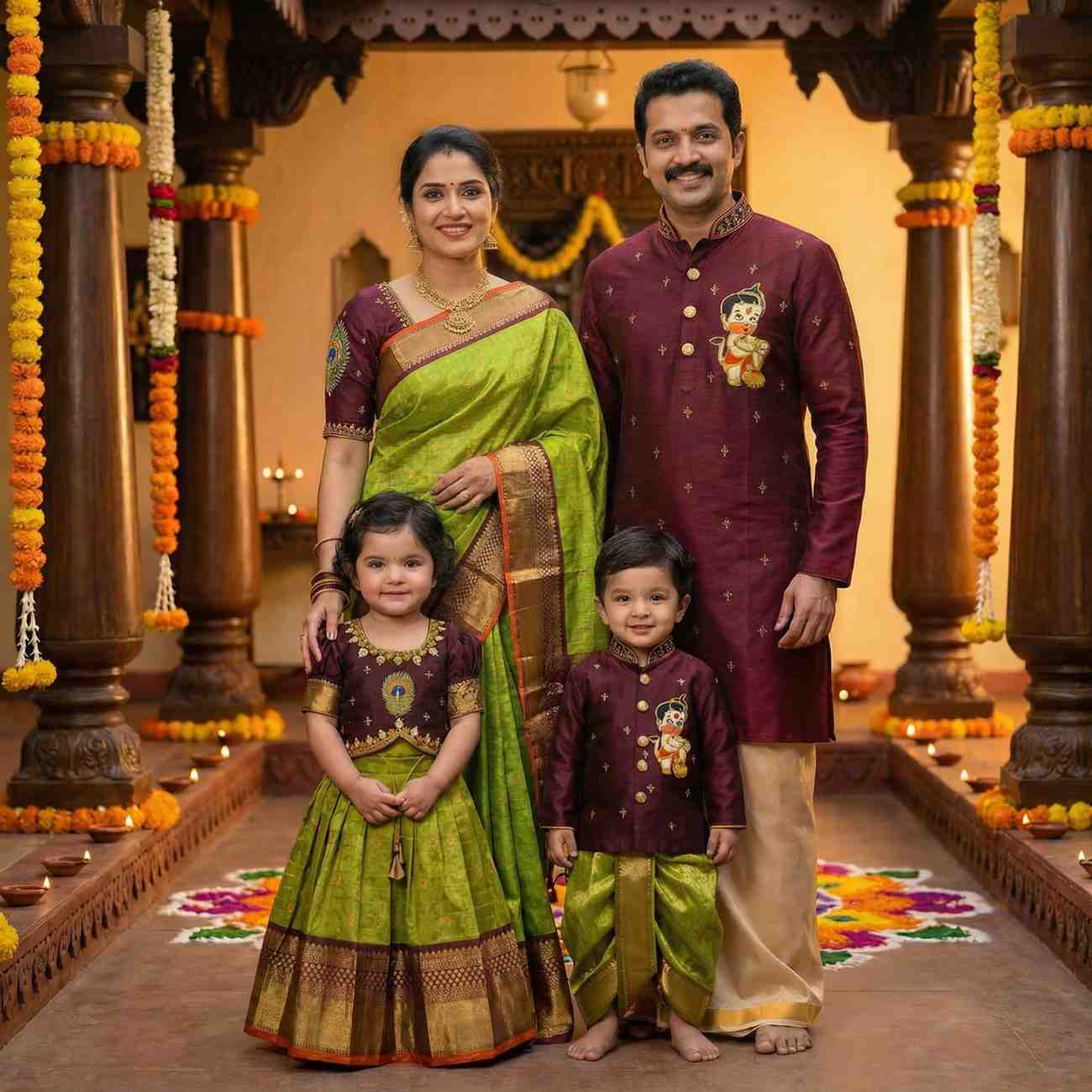Semi Kanchi family outfit – 4 colours – girls, boys, men and Mom – Arhas Couture