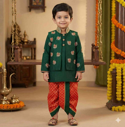 Kids raw silk work kurta with brocade dhoti – 6 months to 15 years – Arhas Couture