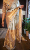 Fancy Banarasi tissue saree in silver and gold with Aari and beads work – Arhas Couture