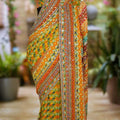 Fancy Georgette designer saree with geometric prints and mirror work – Arhas Couture
