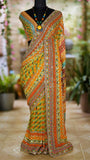 Fancy Georgette designer saree with geometric prints and mirror work – Arhas Couture
