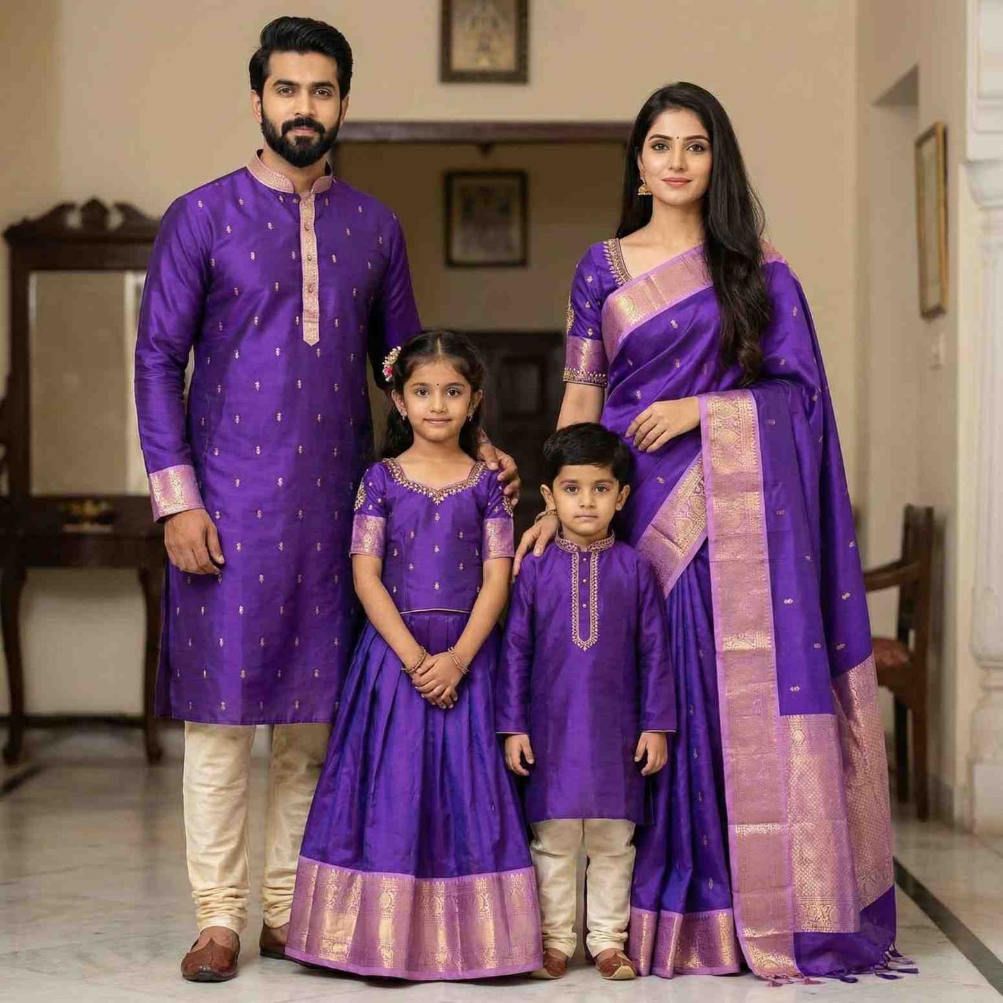 Semi Kanchi maggam family outfit – boys, girls, men and Mom – Arhas Couture