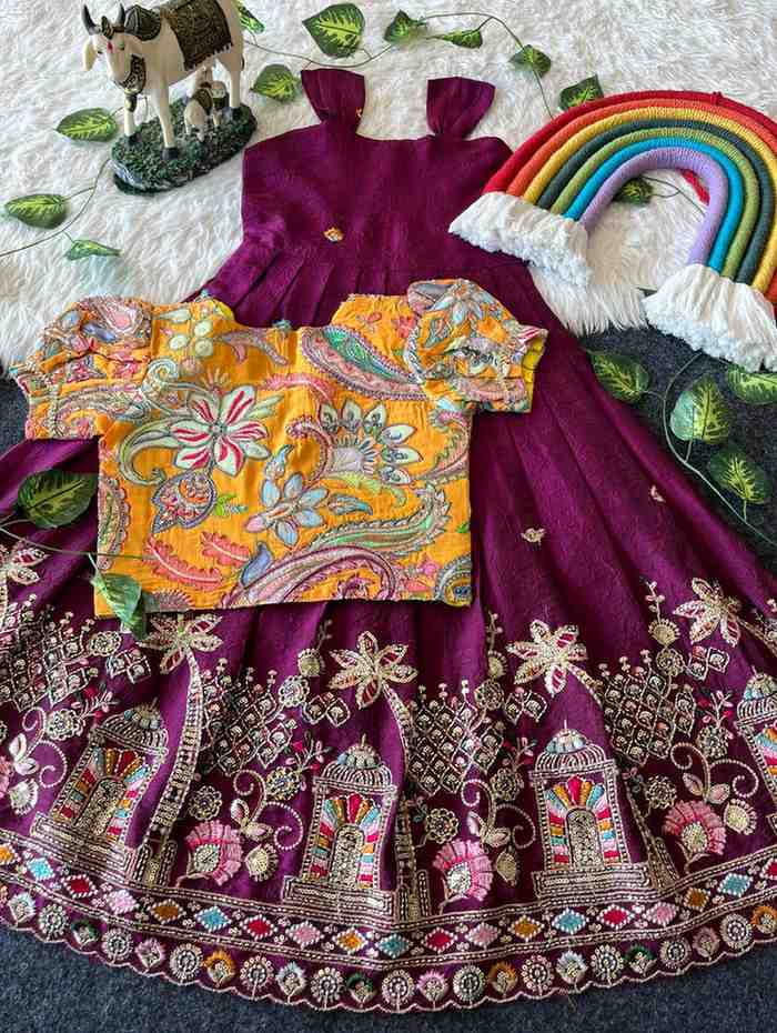 Kids Rangoli lehenga – wine – Arhas Couture