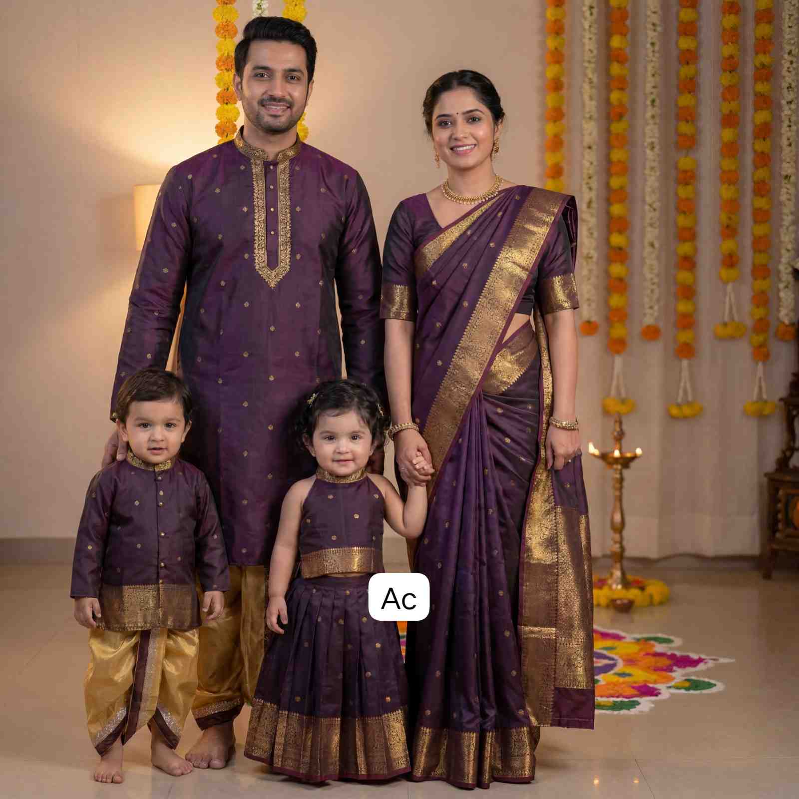 AC's semi silk family outfit – deep wine with golden butta motif – Arhas Couture