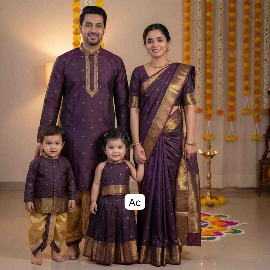 AC's semi silk family outfit – deep wine with golden butta motif – Arhas Couture