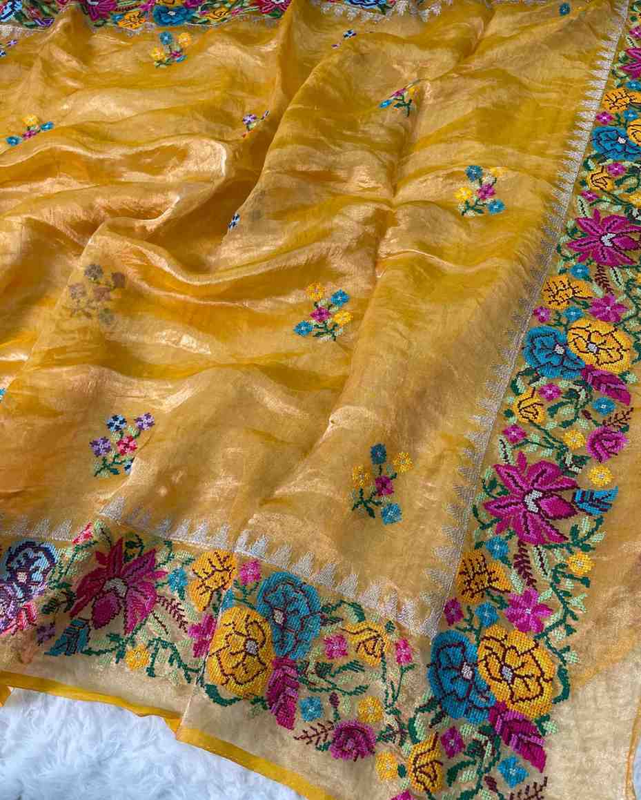 Fancy tissue silk embroidery sarees by Arhas Couture