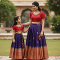 Banarasi raw silk family outfit – Blue, Yellow – girls and Mom – Arhas Couture