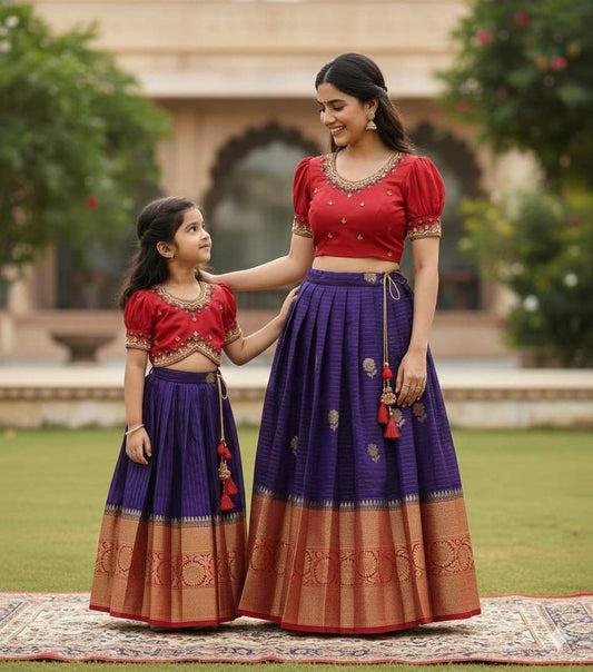 Banarasi raw silk family outfit – Blue, Yellow – girls and Mom – Arhas Couture