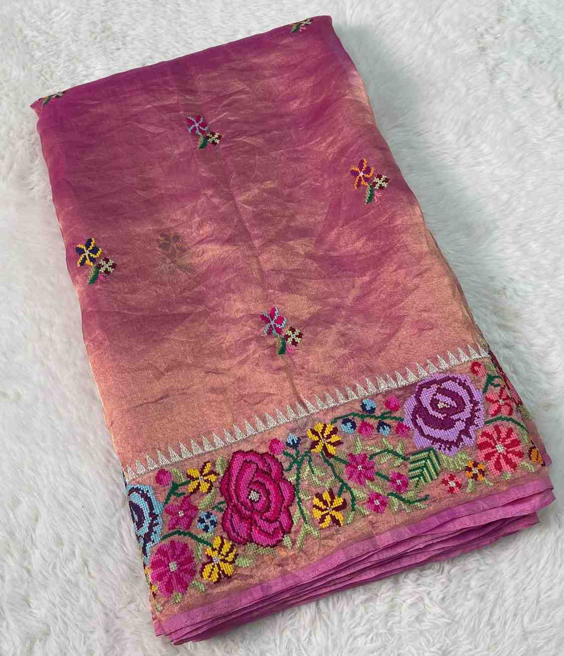 Fancy tissue silk embroidery saree with petit point – Arhas Couture