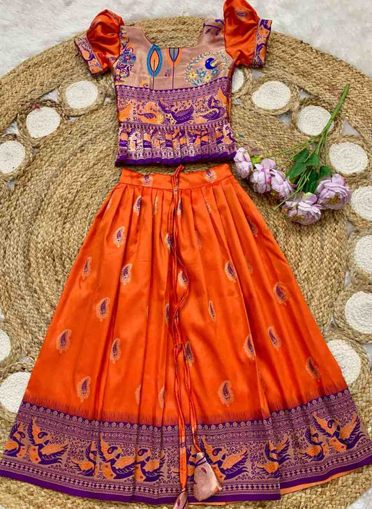 Kids Paithani lehenga – orange – Arhas Couture