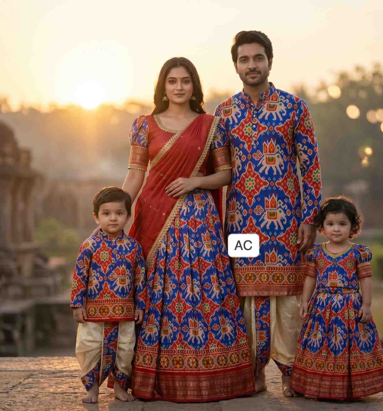 Semi silk Patola family outfit – girls, boys, men and Mom – Arhas Couture