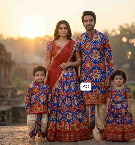 Semi silk Patola family outfit – girls, boys, men and Mom – Arhas Couture