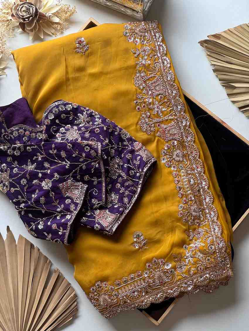 Fancy nylon tissue crepe saree with pearl and sequins handwork – Arhas Couture