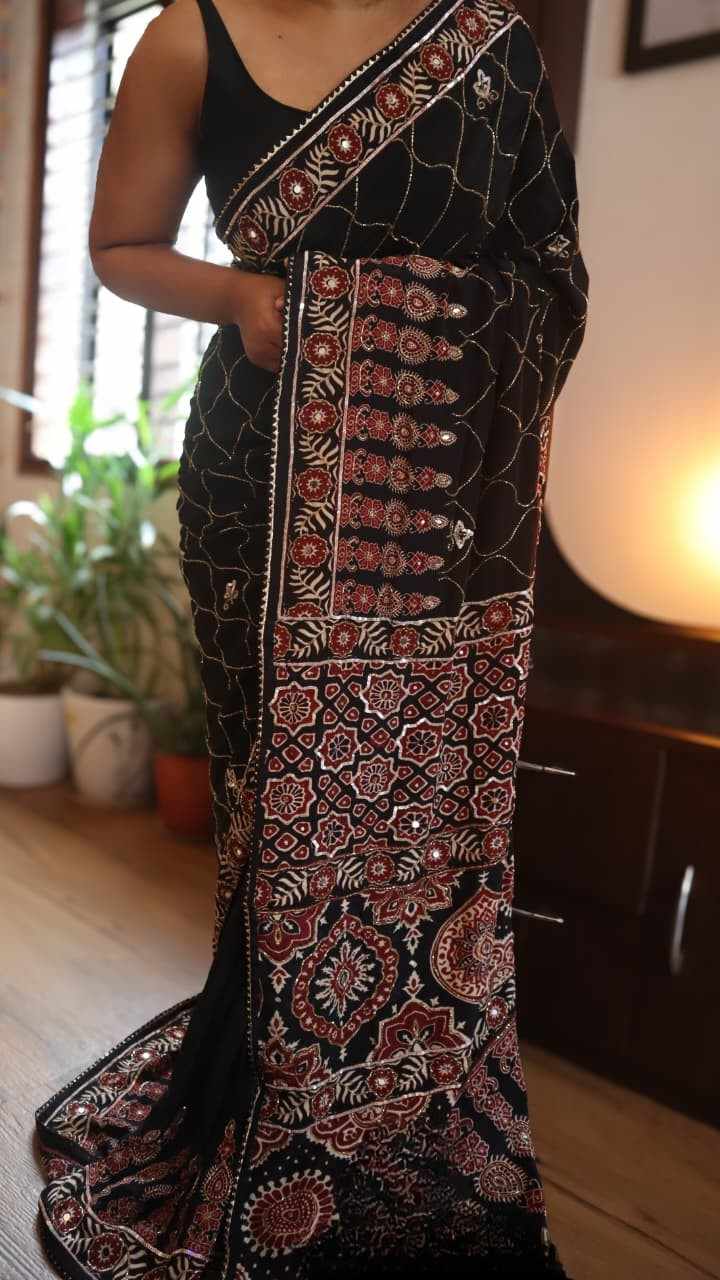Heritage Ajrakh Cutdana Saree