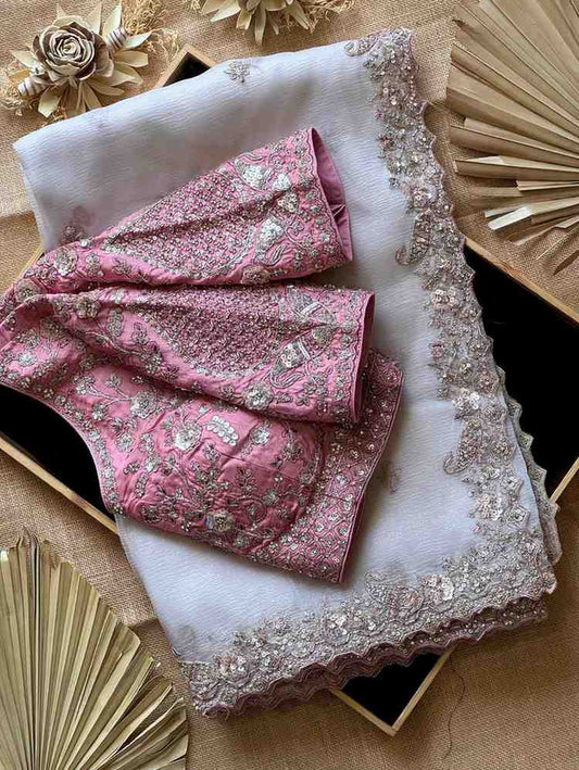 Fancy nylon tissue crepe saree – white – Arhas Couture