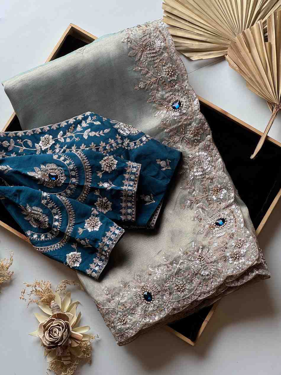 Fancy soft shimmer tissue saree with Aari and sequins handwork – Arhas Couture
