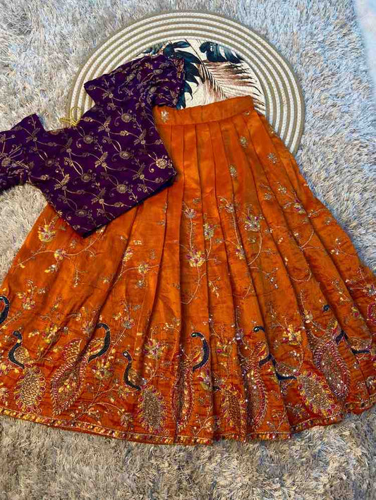 Kids tissue silk lehenga – Orange, Peach, Purple – 1 to 15 years – Arhas Couture