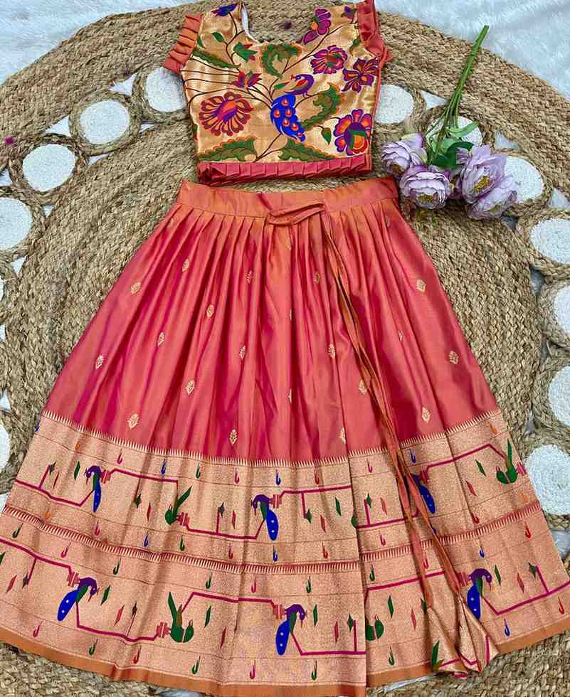 Kids Paithani lehenga – orange – Arhas Couture