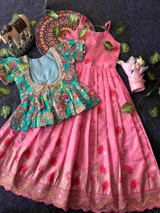 Kids soft Dola silk gown with lotus weaving – Pink, Blue – 1 to 15 years – Arhas Couture