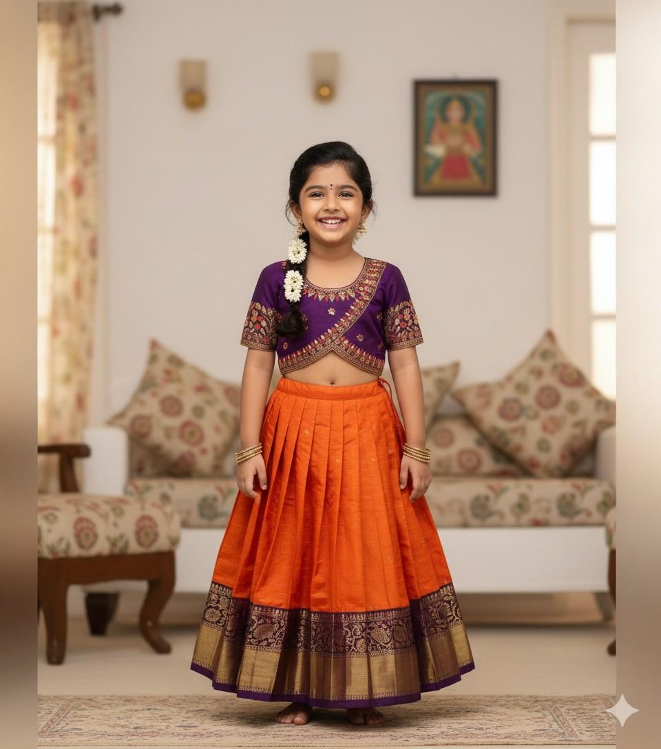 Soft Gadwal silk family outfit – Orange, Yellow, Green – kids and Mom – Arhas Couture