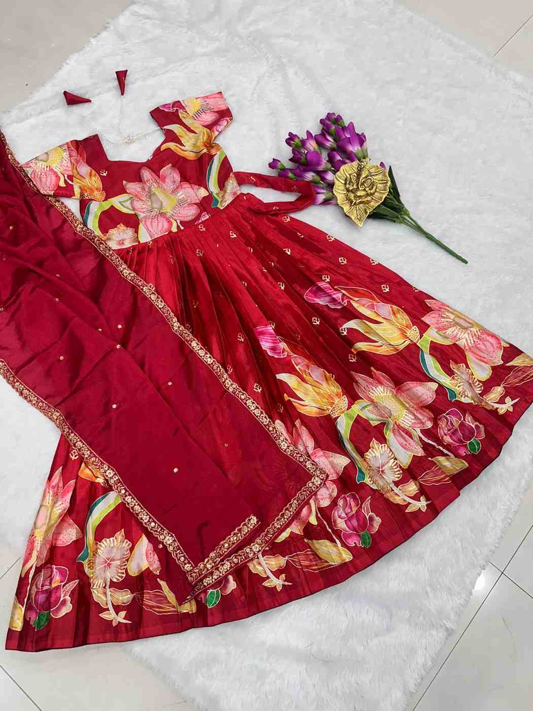 Fancy digital foil print silk gown with Chinnon silk dupatta – Arhas Couture