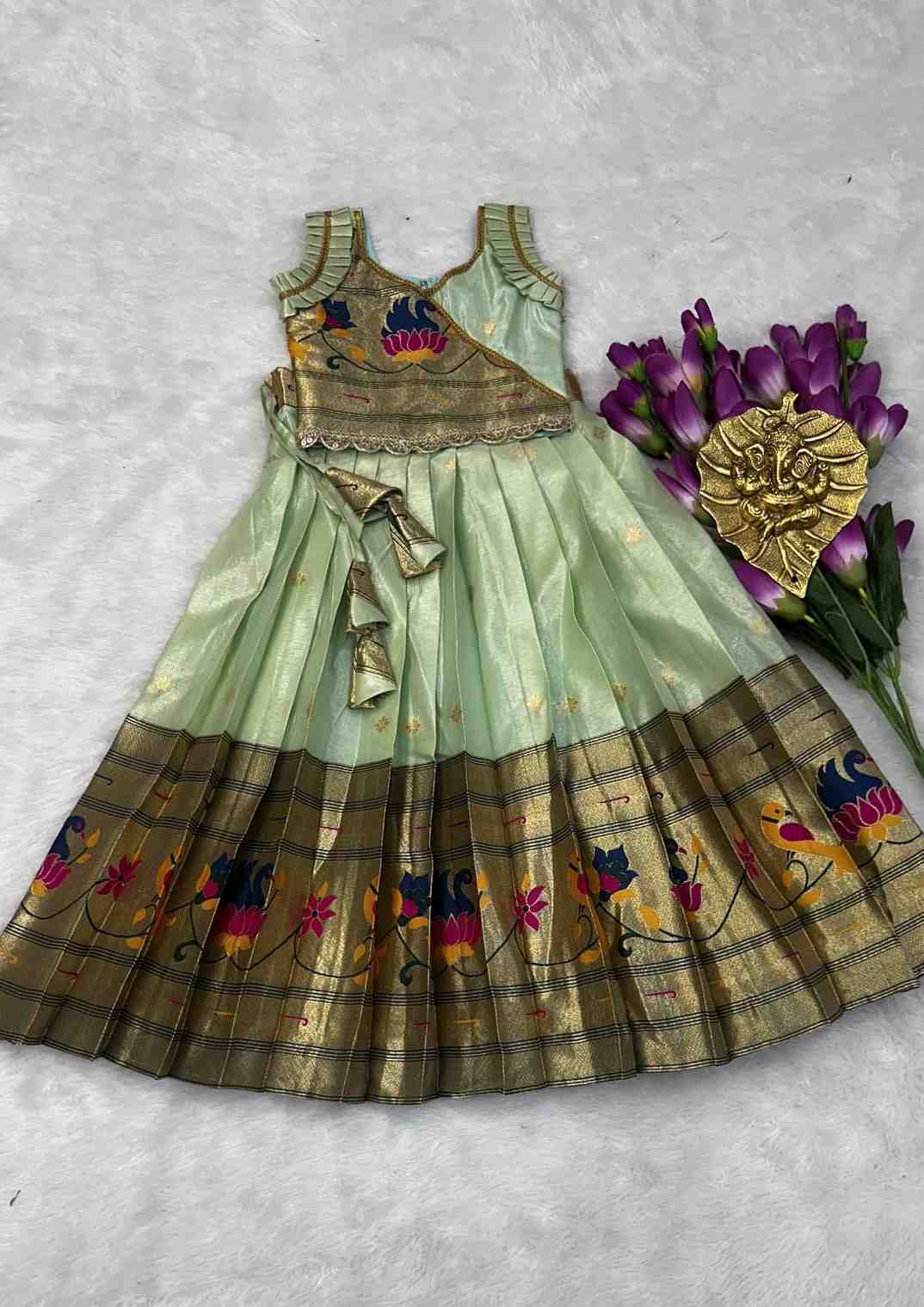 Kids shimmer Paithani lehenga – pista – Arhas Couture