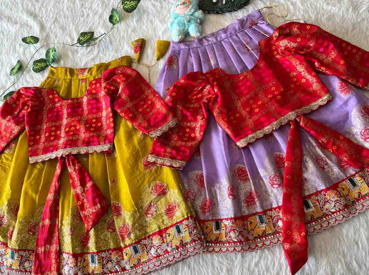 Kids Dola silk lehenga – Purple, Yellow – 1 to 15 years – Arhas Couture