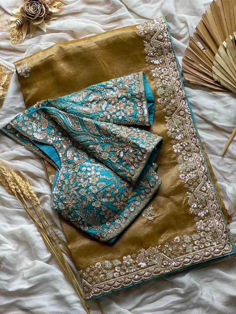 Fancy nylon tissue crepe saree – gold – Arhas Couture