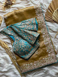 Fancy nylon tissue crepe saree – gold – Arhas Couture