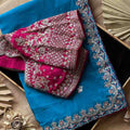 Fancy nylon tissue crepe saree – Persian blue – Arhas Couture