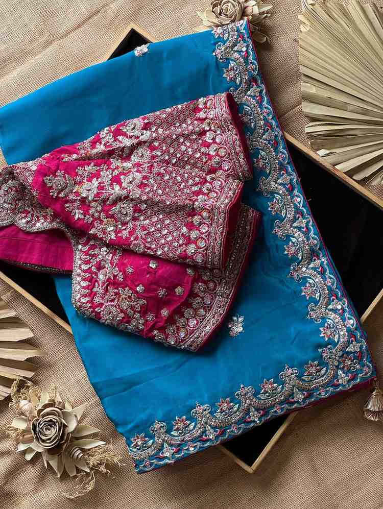 Fancy nylon tissue crepe saree – Persian blue – Arhas Couture