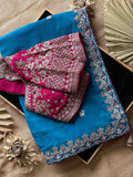 Fancy nylon tissue crepe saree – Persian blue – Arhas Couture