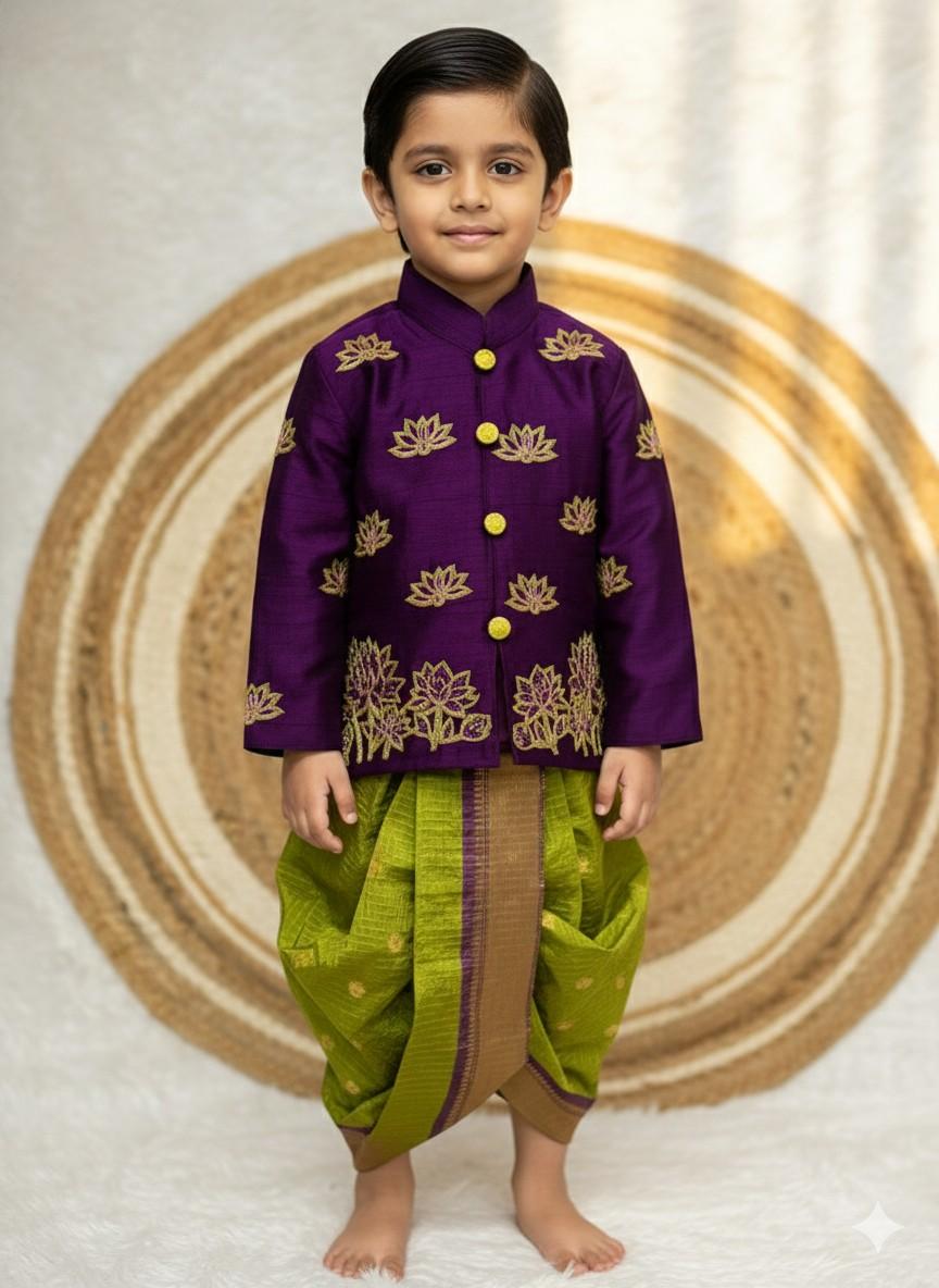 Kids raw silk kurta with semi Gadwal dhoti – 6 months to 15 years – Arhas Couture