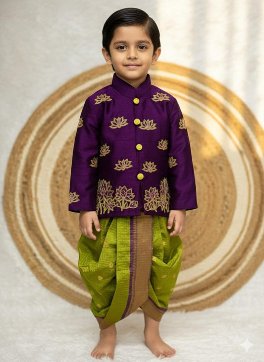 Kids raw silk kurta with semi Gadwal dhoti – 6 months to 15 years – Arhas Couture