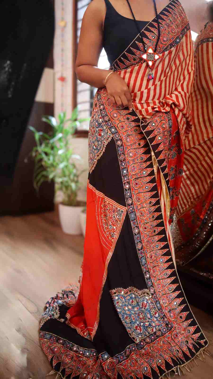 Hand Block Ajrakh Saree