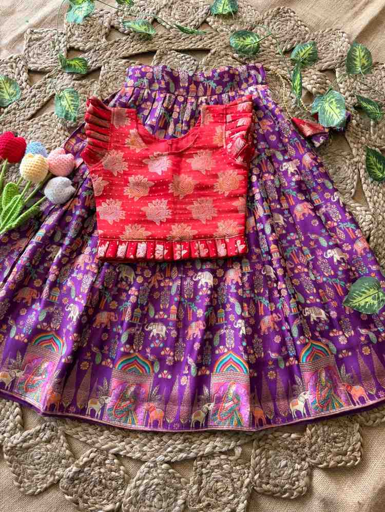 Kids soft Gajji silk lehenga – Purple, White – 1 to 15 years – Arhas Couture