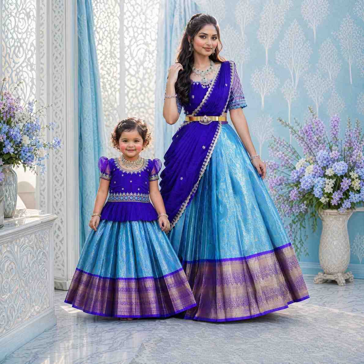 Soft Banarasi family outfit – girls and Mom – Arhas Couture