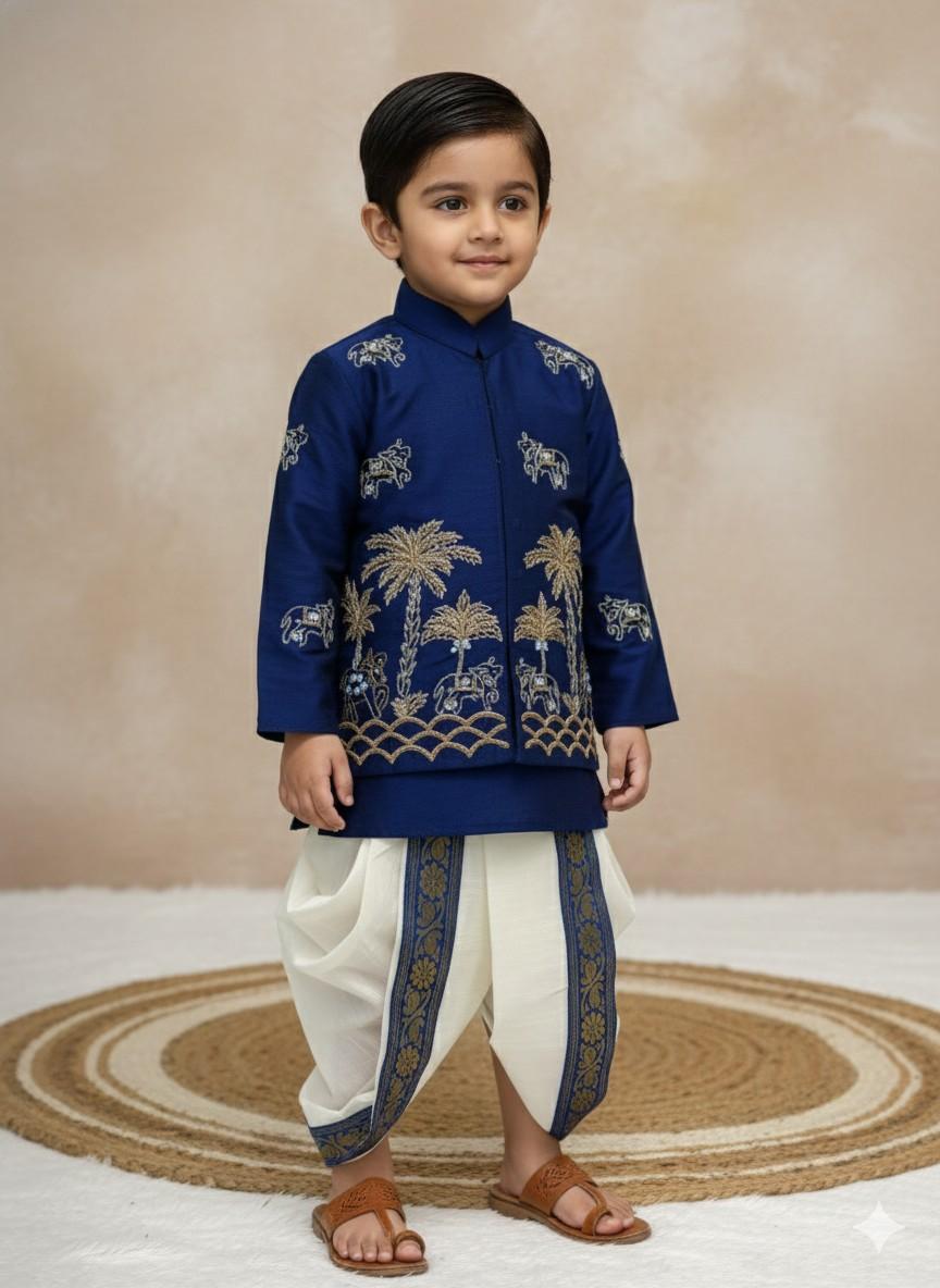 Kids raw silk kurta with pattu border bottom – 6 months to 15 years – Arhas Couture