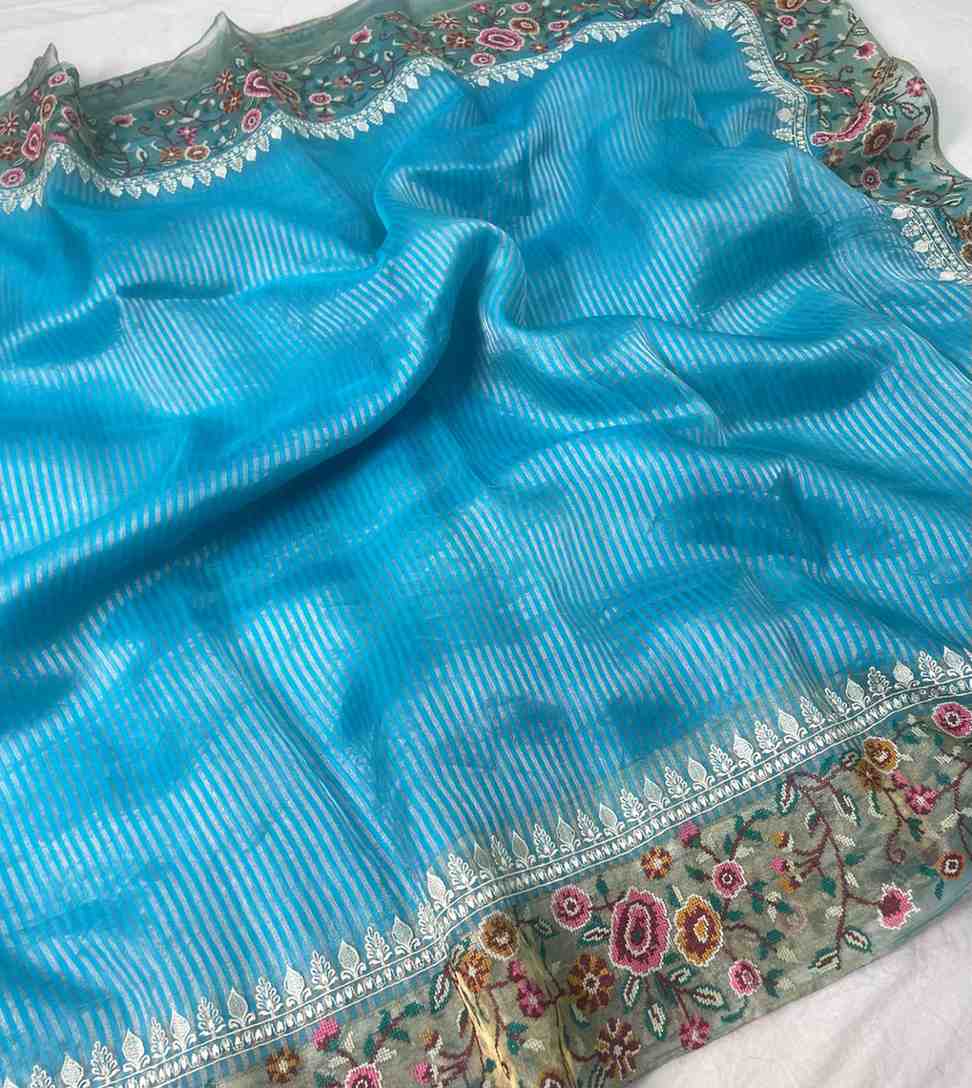 Fancy tissue organza silk stripe saree with embroidery – Arhas Couture