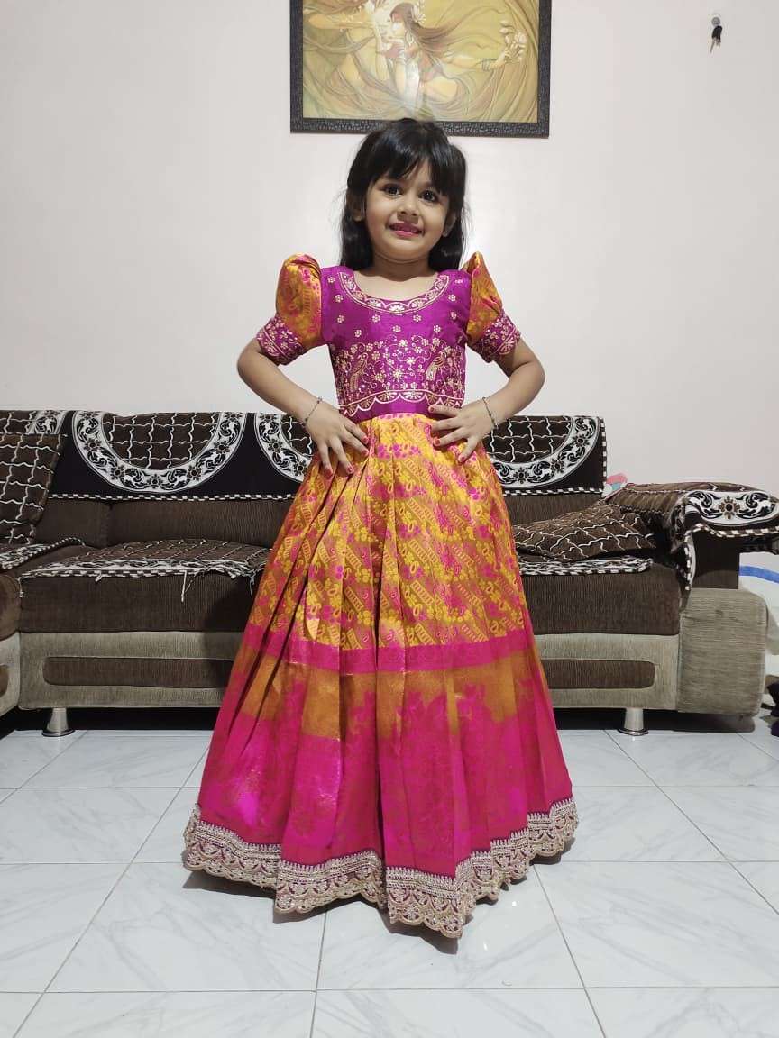Kids Kanjivaram silk gown with heavy zari embroidery – 1 to 15 years – Arhas Couture