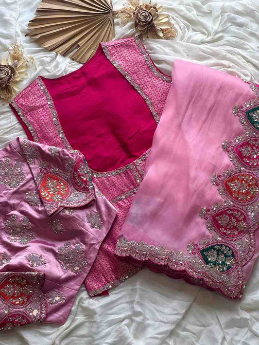 Fancy tissue silk saree with aplic work and coding sequins – Arhas Couture
