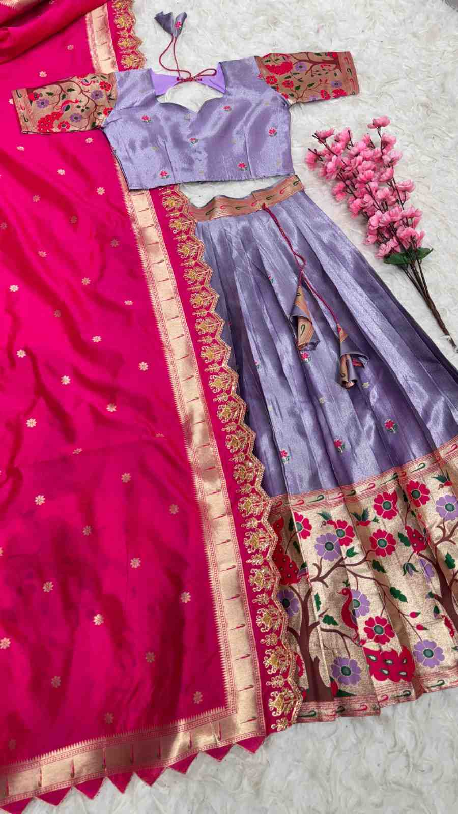 Fancy two-tone tissue silk lehengas by Arhas Couture