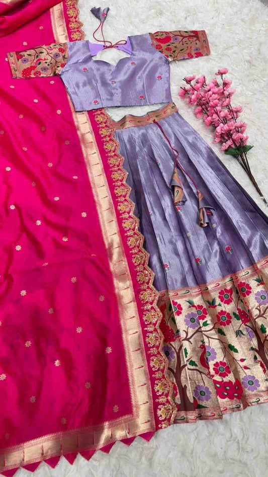 Fancy two-tone tissue silk lehengas by Arhas Couture