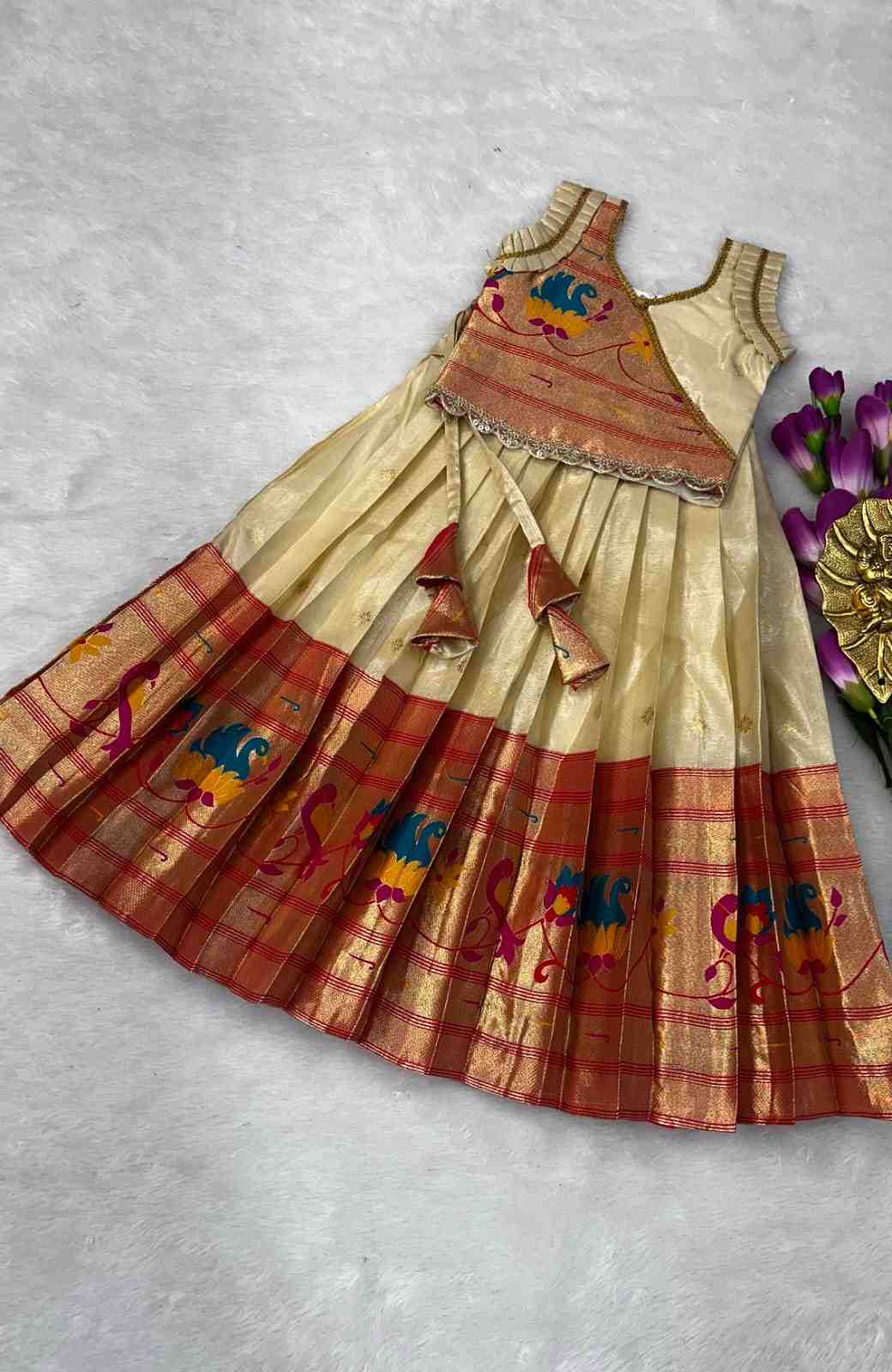 Kids shimmer Paithani lehenga – off white – Arhas Couture