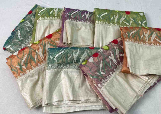 Fancy tissue silk saree with heavy embroidery and Tussar border – Arhas Couture