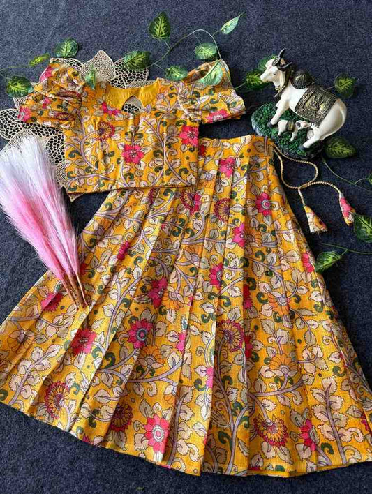 Kids Kalamkari Kota checks lehenga – White, Blue, Yellow – 1 to 15 years – Arhas Couture